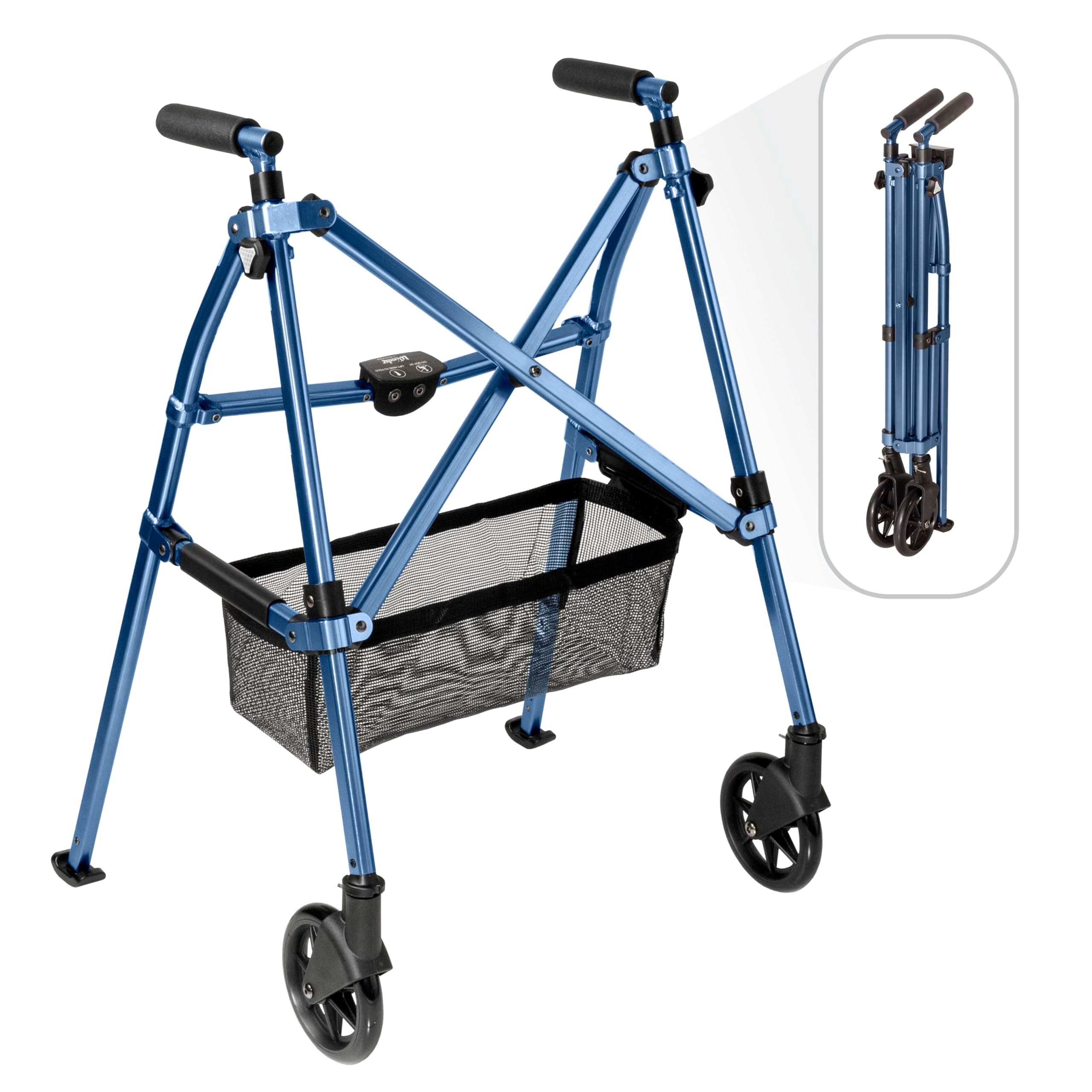 Stander Elderly Folding Adjustable Walking Frame with Front Wheels, Walking Aid with Fixed Wheels, Cobalt Blue
