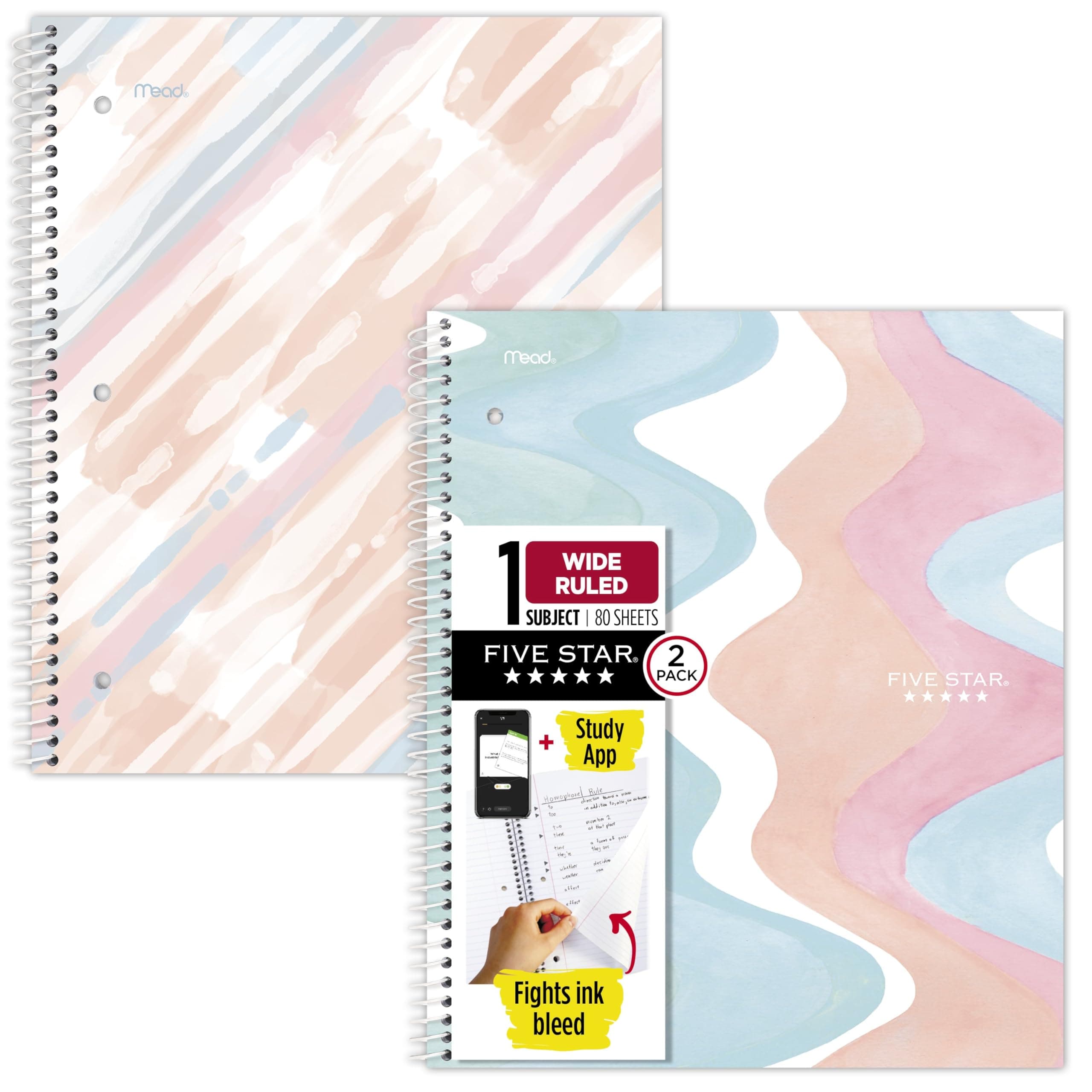 Five Star Spiral Notebook + Study App, 2 Pack, 1 Subject, Wide Ruled, 8" x 10-1/2", 80 Sheets, Fights Ink Bleed, Water Resistant Cover, Pastel Waves and Brush Strokes (930210F-ECM)