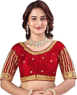 Pujia Mills Women's Readymade Blouse Embroidery Multi Coding Gold Thread Indian Ethnic Designer Stitched Readymade Saree Half Sleeve Blouse for Women for Saree Lehenga Choli