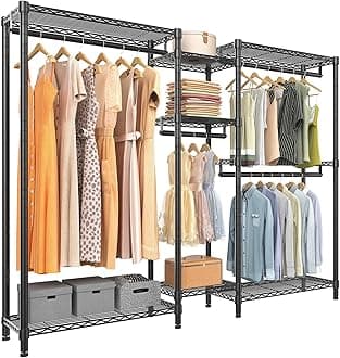 Classic V6 Medium Heavy Duty Clothes Rack, 7-Tier Garment Rack with Adjustable Shelves, Portable Closet with 4 Hanging Rods, Space-Saving, 750lbs Capacity, 59.8" L x 14.6" W x 76.4" H, Black