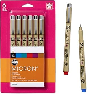 Sakura .25mm Pigma Micron Pens #01, Pack of 6, Black/Red/Blue/Green/Brown and Purple