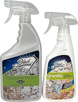 Black Diamond Stoneworks GRANITE PLUS! 2 in 1 Cleaner & Sealer for Granite, Marble, Travertine, Limestone, Ready to Use! (1-Quart) AND Granite Polish Preserver: Wax & Protectant – (1 Pint)