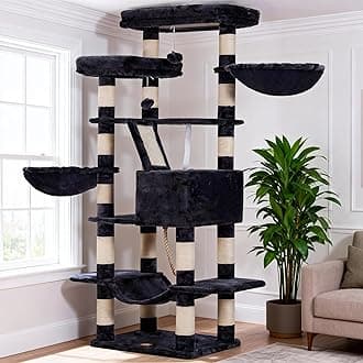 Heybly Cat Tree, 68 inch Multi-Level Cat Tower for Indoor Cats, 2 Widened Plush Perches Cat Condo with Scratching Board and Big Caves, Smoky Gray HCT025G