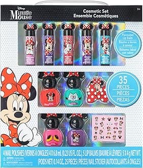 Disney Minnie Mouse Sparkly Cosmetic Makeup Set for Girls with Lip Balm Nail Polish Nail Stickers-35 Pcs|Perfect for Parties Sleepovers Makeovers|Birthday Gift for Girls by Townley Girl