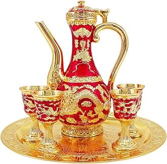Vintage Turkish Coffee Pot and Cups Set,Teapot Tea Service Set Including 4 Metal Cups and Tea Tray for Tea Table Decor,Wedding Gift (Red and Gold)