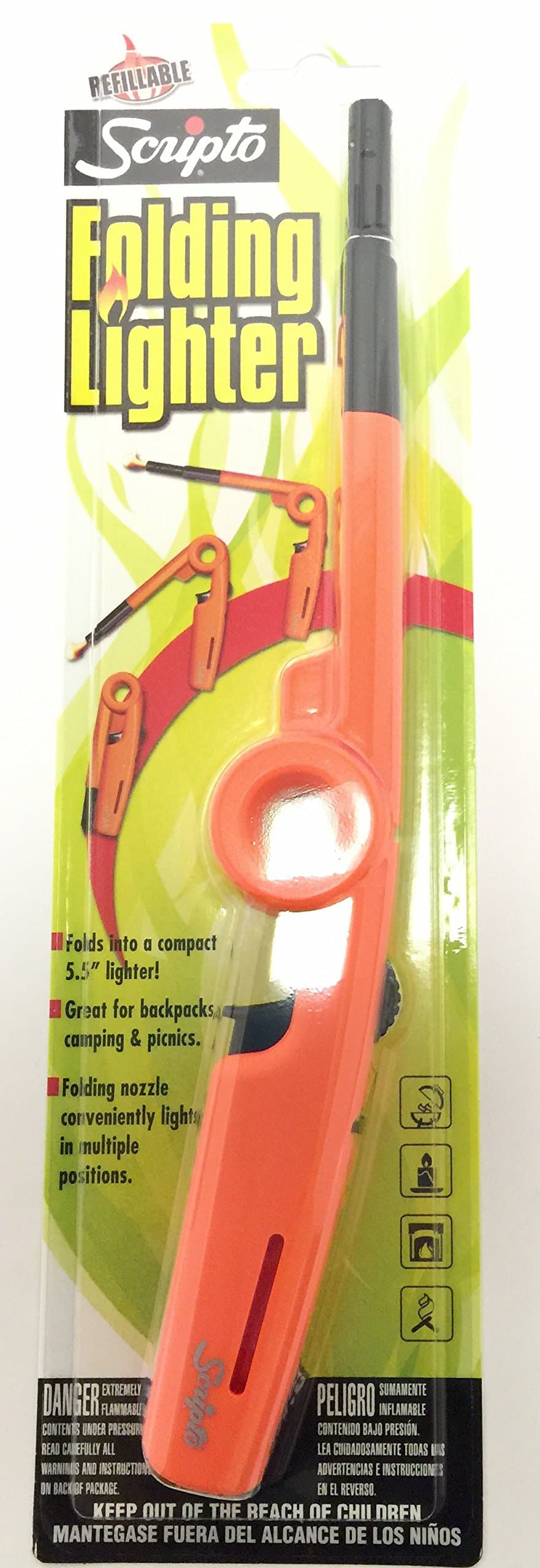 Scripto "Refillable" Folding Lighter Safe for Camping/grilling/home, Adjustable Flame (Orange)