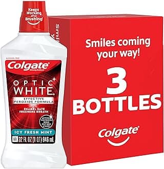 Colgate Optic White Advanced Teeth Whitening Mouthwash, 3 Pack, 2% Hydrogen Peroxide, Alcohol-Free and Enamel Safe, ICY Fresh Mint, 32 Oz