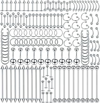 55-150PCS Body Piercing Jewelry Lot 14G 16G 20G Stainless Steel Nose Lip Tongue Cartilage Tragus Eyebrow Industrial Barbell Belly Button Rings Piercing Kit Jewelry