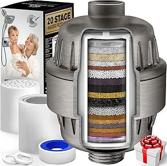 AquaHomeGroup 20 Stage Shower Head Filter with Vitamin C E A - High Output Filter to Reduce Chlorine - 2 Replacement Cartridges - Consistent Flow Showerhead Filter