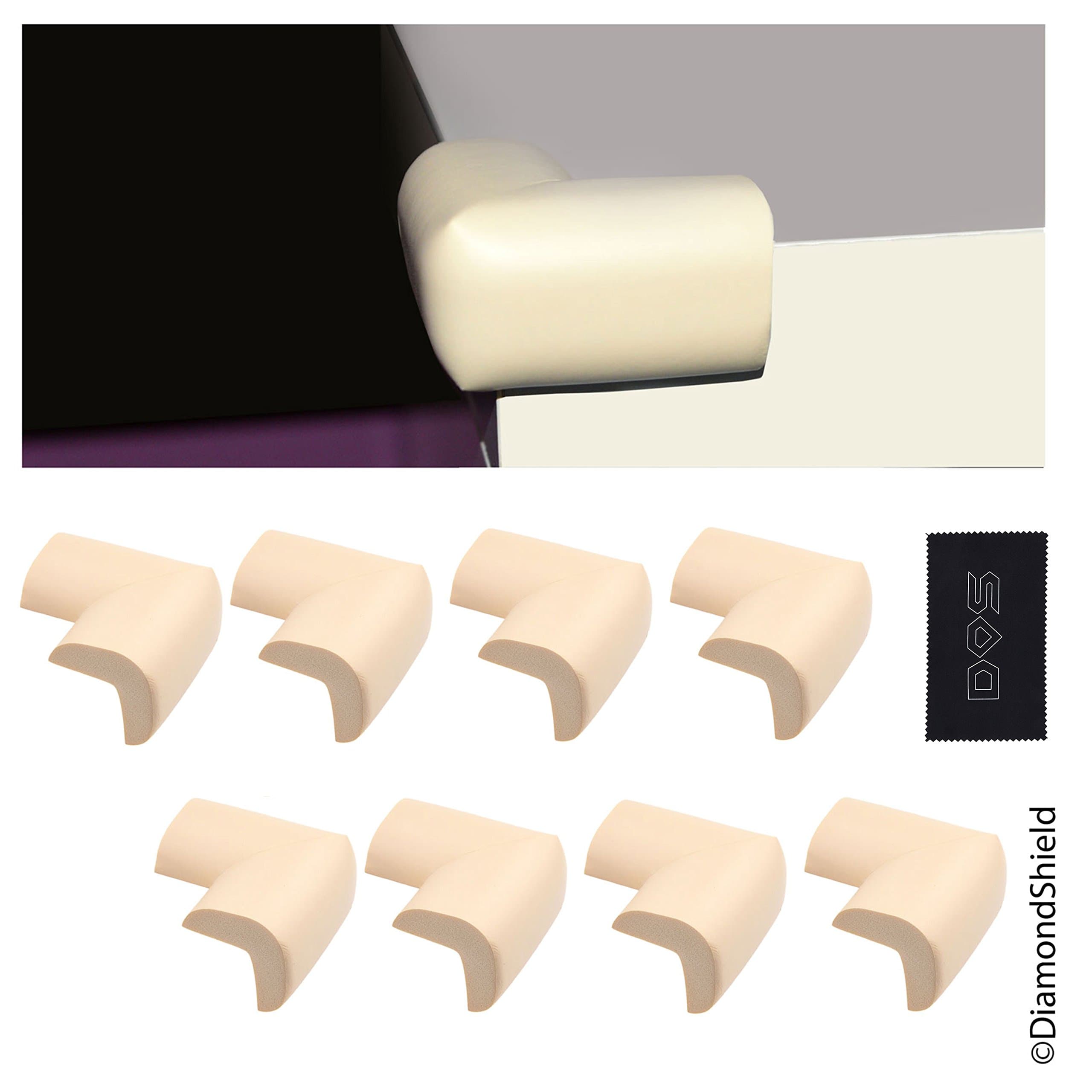 Table Corner Guards - 8 Pack, Creme White - Protects from Bumping or Falling Injuries - Spongy Cushion Material Makes Table - with Diamond Shield Cleaning Cloth and Retail Pack
