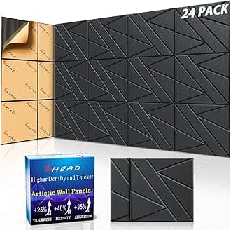 24 Pack Self-Adhesive Soundproof Wall Panels, 12 x 12 x 0.47 In Sound Proof Foam Panels for Walls, 1.2lb/ft³ High Density, Thicker 0.47in, Acoustic Panels, Noise Dampening Panels for Studio Black
