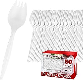 Disposable Sporks (50 Pack) White Plastic Sporks - BPA Free Kid Safe 2 in 1 Utensils - Heavy Weight Fork Spoon for School Lunch, Picnics, Catering, Restaurants, Kids Birthday Parties - Stock Your Home