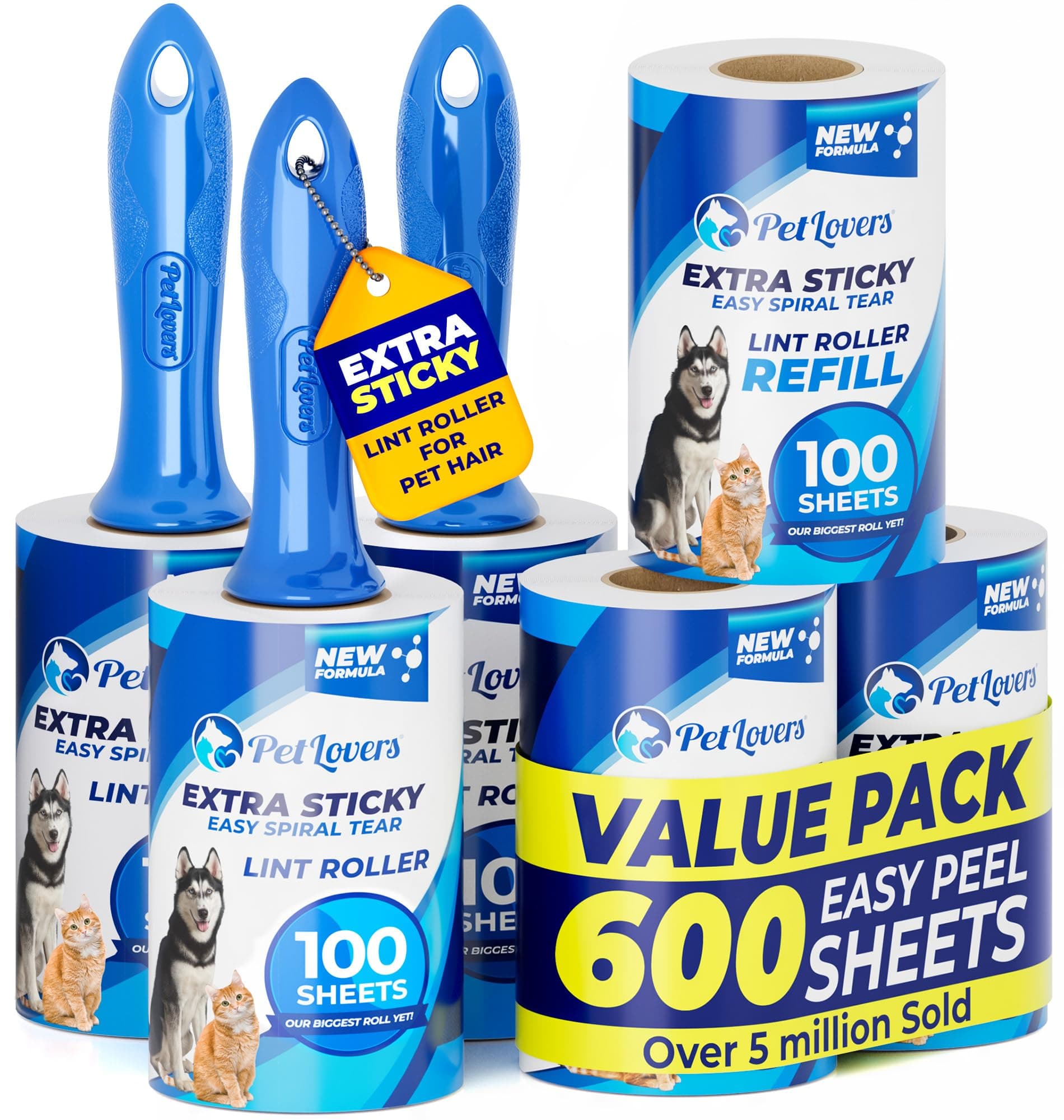 PetLovers Extra Sticky Lint Roller Mega Value Set 600 Sheets for Pet Hair Removal, Dog and Cat Lint Remover 6 Pack