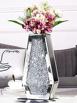 Flower Mirror Vase for Decor Crystal Silver Glass Decorative Vase Crushed Diamond Mirrored Vases for Dried Flowers Centerpieces Home Decor 12 Inch （Can’t Hold Water）