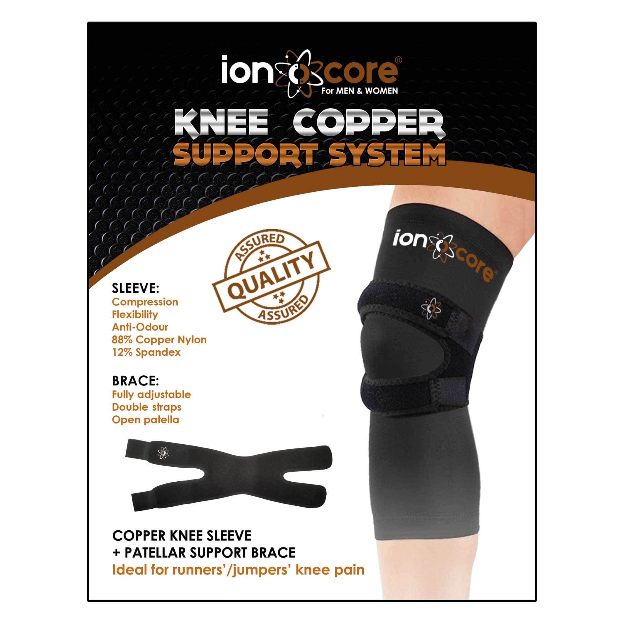 ionocore® knee support copper compression - with patellar knee strap BRACE + SUPPORT SLEEVE (LARGE: 17.5"-19")