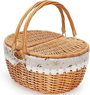 ZORMY 15" Wicker Picnic Baskets with Removable Liner, Empty Picnic Basket with Lid, Picnic Hamper with Folding Woven Handles for Picnic, Camping, Outdoor, Halloween, Thanks Giving - WhiteKapok