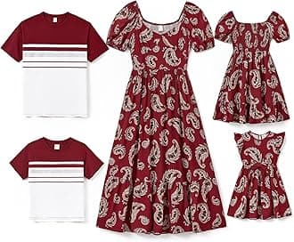 PATPATFamily Matching Summer Outfits, Mommy and Me Matching Shirts Dresses Paisley Print Matching Dresses for Family, Burgundy, 9-12 months