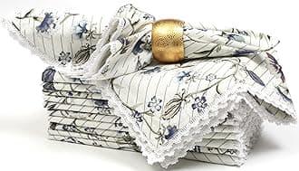 Bedding Craft Printed Cloth Napkins, Set of 12 Dinner Napkins 18x18, Table Décor with Lace Stripe Flower Design
