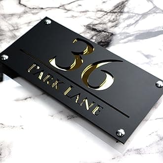 K SMART SIGN | LUXE H3 F32 | House Numbers Plaques House Numbers Door Laser Signs Number Name Personalised Plaques For Outside 3D Laser Cut acrylic Mirrored Marble (Matt Black & Gold Mirror)