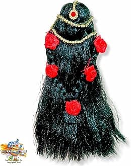 Brij Sugandha Flower Decoration Open Hair – Decorated Black Microfiber Kesh for Durga Maa, Radha Rani & All Devi Idol by The Kanha Store (9 INCH)