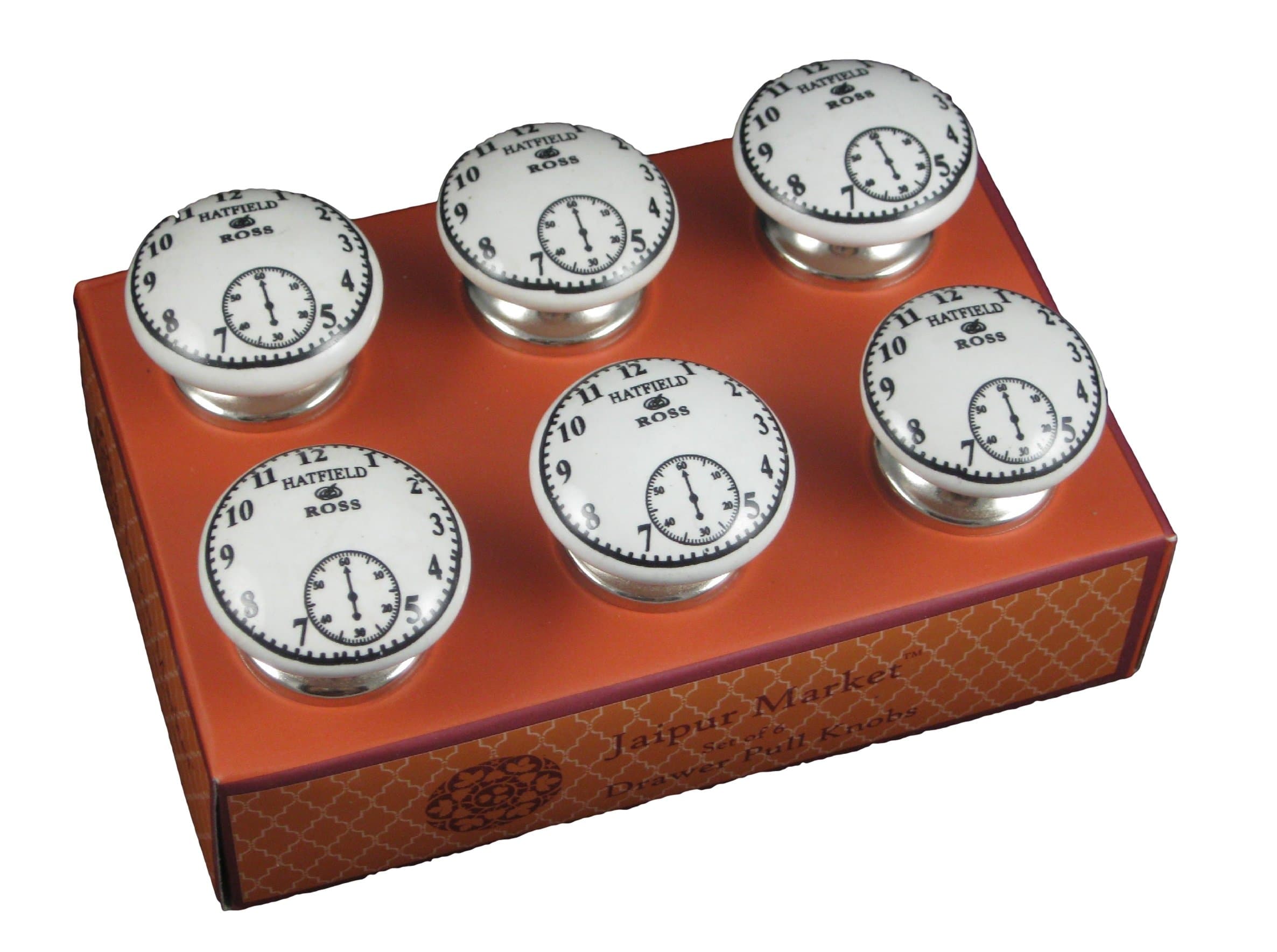 Decorative Ceramic Drawer Pull Knobs Set of 6 Black and White Clock Design