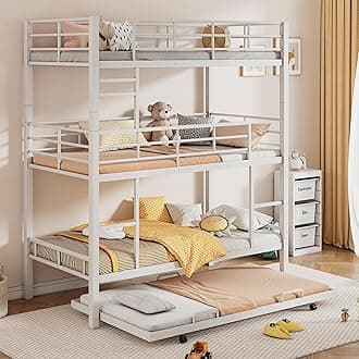 Harper & Bright Designs Metal Triple Bunk Bed with Trundle, Quad Bunk Beds Twin Over Twin, 3 Bunk Beds with 2 Ladders & Guardrails, Convertible Heavy Duty Steel Frame for Bedroom, Dorm, White
