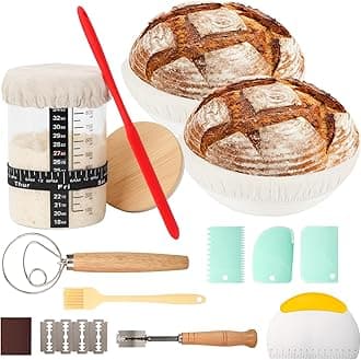 HOXHA Sourdough Bread Baking Supplies, Bread Proofing Basket Making Supplies Tool, set of 2 9inch Round Ratten Bread Proofing Basket, 1000ml Sourdough Starter Jar