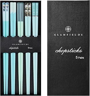 Chopsticks Reusable Dishwasher Safe, GLAMFIELDS 5 Pairs 9.5 Inches Premium Chop Sticks Set for Sushi, Ramen, Asian Cuisine, Matte Non-slip with Gift Case, Light Blue