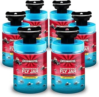 Catchmaster Fly Traps Outdoor 6-Pack with Airlock Lid for No-Mess Disposal, Pesticide-Free Hanging Fly Jars, Reusable Bug Catchers for Yard, Patio & Trash, Sets Up in Seconds