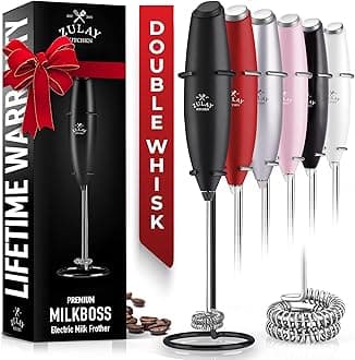 Zulay Kitchen Powerful Double Whisk Milk Frother Handheld - Foam Maker With Stand - Whisk Drink Mixer for Coffee, Mini Foamer for Latte, Matcha, Frappe, Hot Chocolate & Cappuccino (Exec Black)