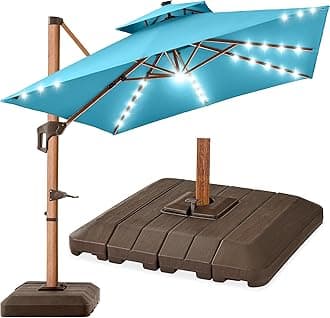 Best Choice Products 10ft Square Cantilever Patio Umbrella w/Base Included, Woodgrain Pattern Pole & Solar LED Lights, 360-Rotation, Offset Hanging Outdoor Shade - Sky Blue