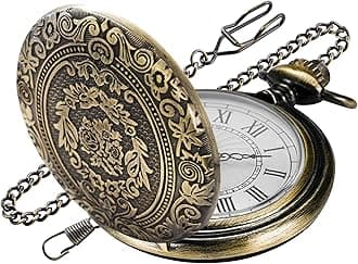 Large Decorative Flower Pattern White Roman Numeral Scale Quartz Pocket Watches for Men with Chain
