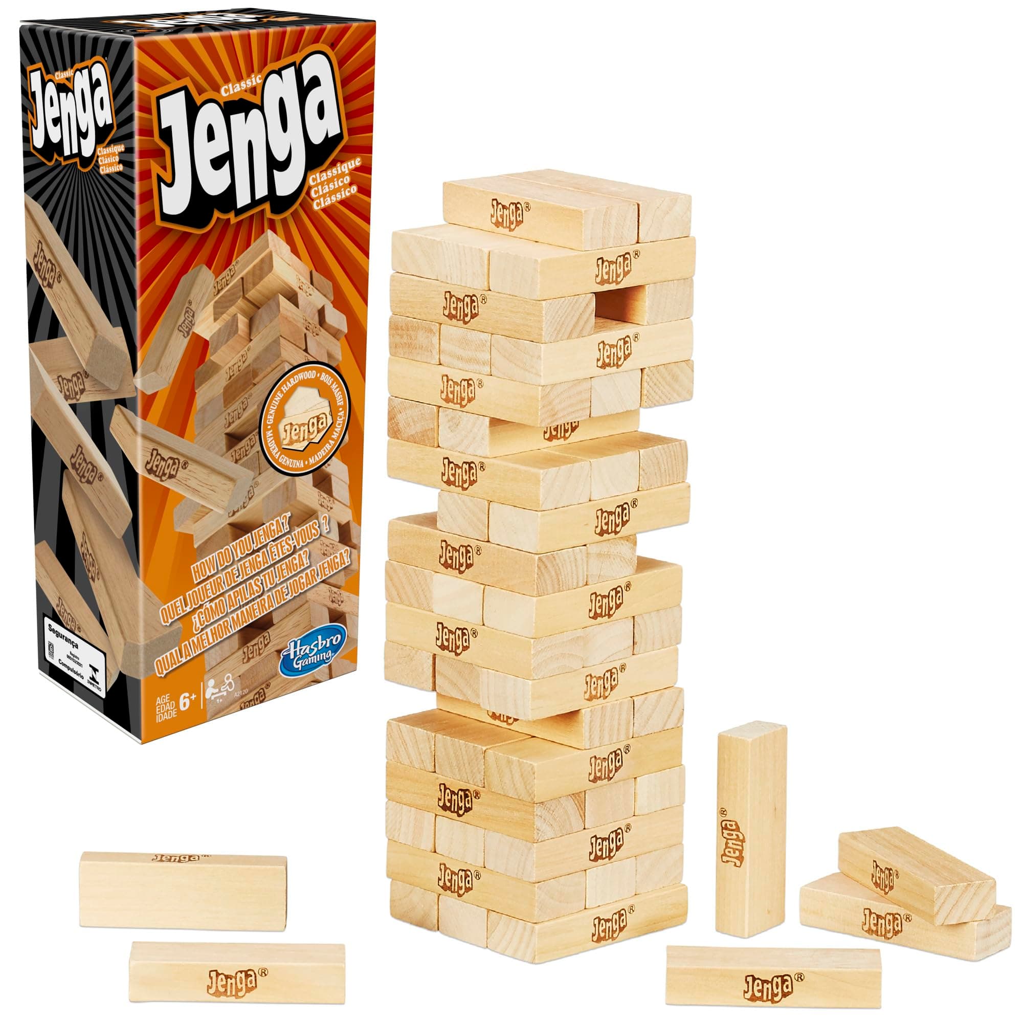 Jenga Game | The Original Wood Block Game with Genuine Hardwood Blocks | Stacking Tower | Ages 6+ | 1 or More Players | Party Games for Kids | Family Games