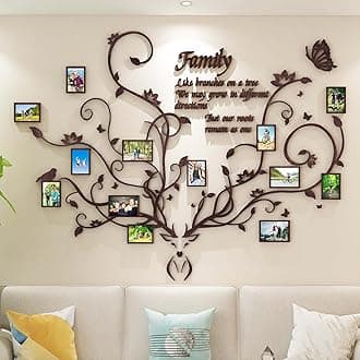 DecorSmartAntlers Family Tree Wall Decor for Living Room, 3D Removable Picture Frame Collage DIY Acrylic Stickers with Deer Head and Quote Family Like Branches on a Tree Wood