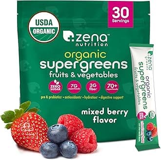 - Zena Nutrition Organic Super Greens Powder, 70+ Superfoods, 0 Sugar, 3g Fiber, Spirulina, Chlorella, Mushrooms, Prebiotics/Probiotics, Digestive Enzymes, Gut Health, Mixed Berry, 30 Drink Mix Packets