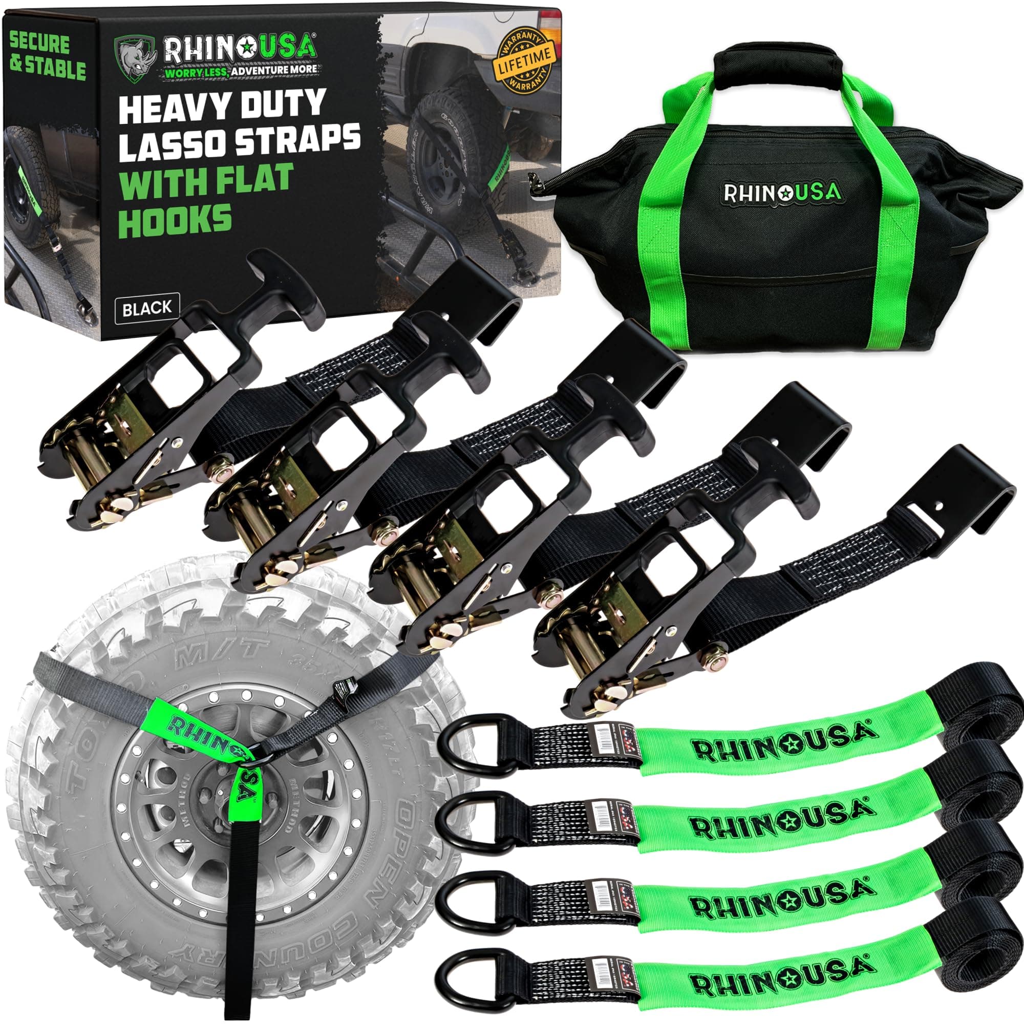 Rhino USA Car Tie Down Straps with Flat Hooks – 4 Pack 2" x8' – 10,000lbs Break Strength – Heavy Duty T-Handle Car Hauler Tire Lasso Wheel Straps for Trailers, UTV & Powersports – Black