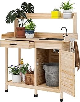 Outsunny Potting Bench Table with Removable Sink, Outdoor Work Bench Table with Storage Cabinet, Hooks, Faucet and Drawer for Greenhouse, Garden, Patio, Natural Wood