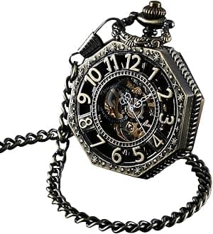 Men’s Pocket Watch with Chain | Hand Winding Vintage Pocket Watch | Classic Mechanical Movement Pocketwatch | 1920s Railroad Steampunk Costume Accessory