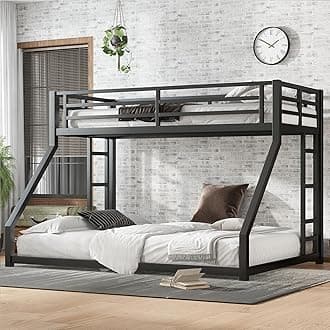 Twin XL Over Queen Bunk Bed Frame with Noise Reduced Design, Heavy Buty Floor Bunk Bed Twin XL Over Queen Bunk Beds with Build in Ladder for Adults, Teens(Black Floor Bunk Bed)