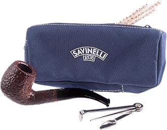 One Kit - Handmade Italian Briar Wood Pipe, Blue Zipper Pouch, Cleaners, Czech Pipe Tool, 6mm (Brown Rustic 601)