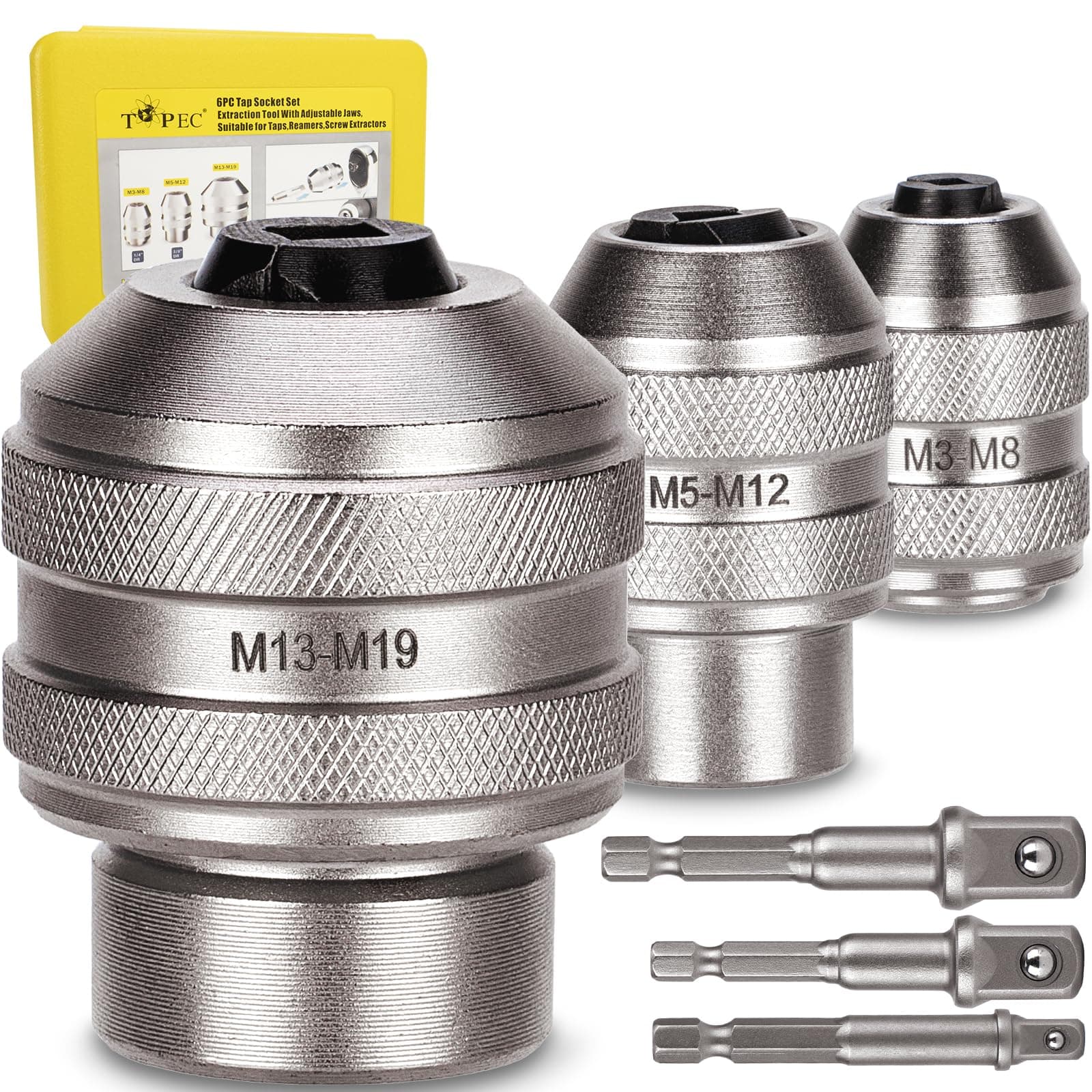 Topec Tap Sockets, 6-Piece Tap Socket Set, Extraction Tool, CR-MO Steel, Adjustable Handle with Metric M3-M19 Sockets & 1/4"-3/8"-1/2 Imperial Adapters