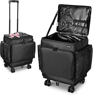 - Rolling Makeup Train Case Soft Sided Travel Cosmetic Organizer Storage 1680D Nylon Fabric Trolley Suitcase Mobile Barber Station, Black