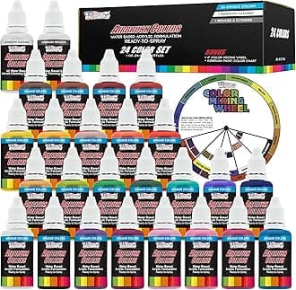 24 Color Acrylic Airbrush, Leather & Shoe Paint Set Opaque Colors plus Reducer, Cleaner & Color Mixing Wheel