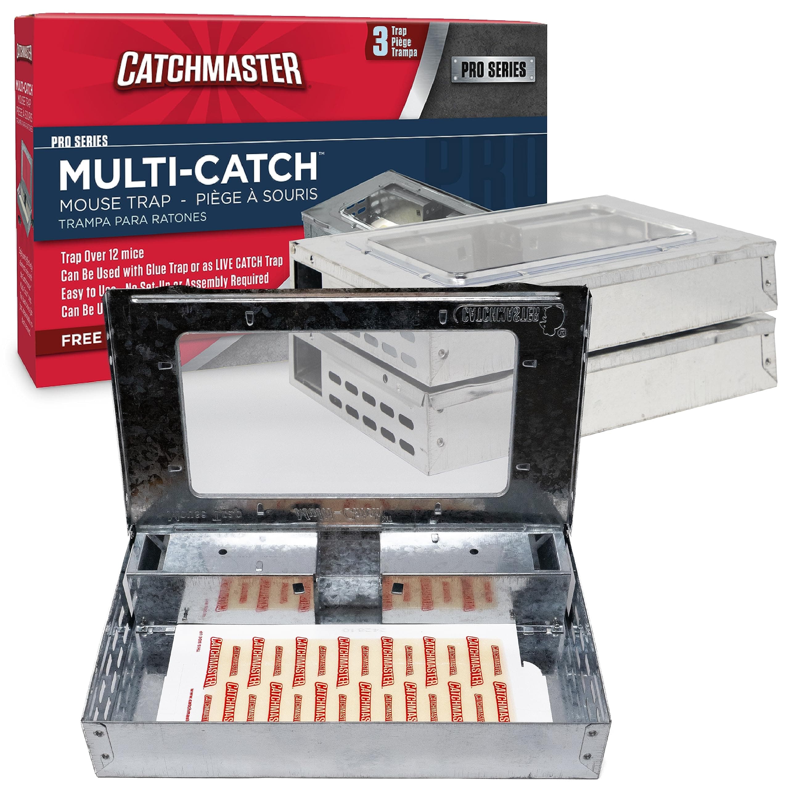 Catchmaster Pro Series Multi-Catch Mouse Trap 3-Pack, Humane Mouse Traps Indoor for Home, Includes Replaceable Glue Board, Pet Safe Pest Control, Live Catch for Garage & Shed