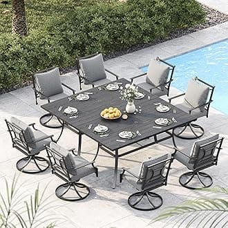 10-Piece Patio Dining Set for 8, 8 E-Coated Outdoor Dining Set Swivel Patio Dining Chairs with Olefin Cushions & 2 Rectangular Faux Woodgrain Table with 1.5”Market Umbrella Hole