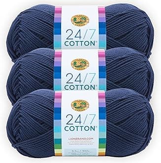 Lion Brand Yarn 24/7 Cotton, for Knitting, Crocheting, and Crafts, Navy, 3 Pack