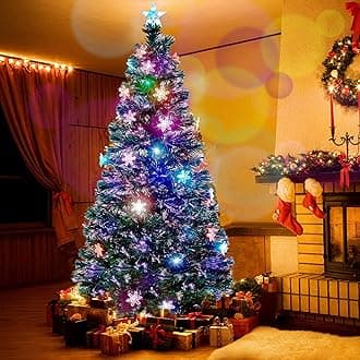 Juegoal 7 ft Pre-Lit Optical Fiber Christmas Artificial Tree, with LED RGB Color Changing Led Lights, Snowflakes and Top Star, Festive Party Holiday Fake Multicolor Xmas Tree with Sturdy Metal Legs