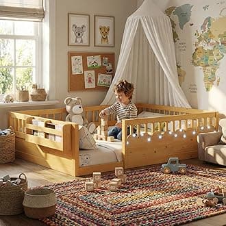 Montessori Floor Bed with High Rails,Full Size Floor Bed Frame for Kids, LED Lights & Storage Shelf, Safe & Wider Opening Gate Design, Playground & Sleep Space for Girls Boys,Natural
