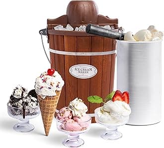 NOSTALGIA Bunn Nostalgia ICMP600WD Vintage Collection 6-Quart Wood Bucket Electric Ice Cream Maker with Easy-Clean Liner (Brown)
