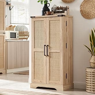 47" Kitchen Pantry with Rattan Doors, Storage Cabinet with Organizer and Adjustable Shelves, Wood Cupboard for Kitchen, Dining Room, Bathroom and Hallway, Natural Oak